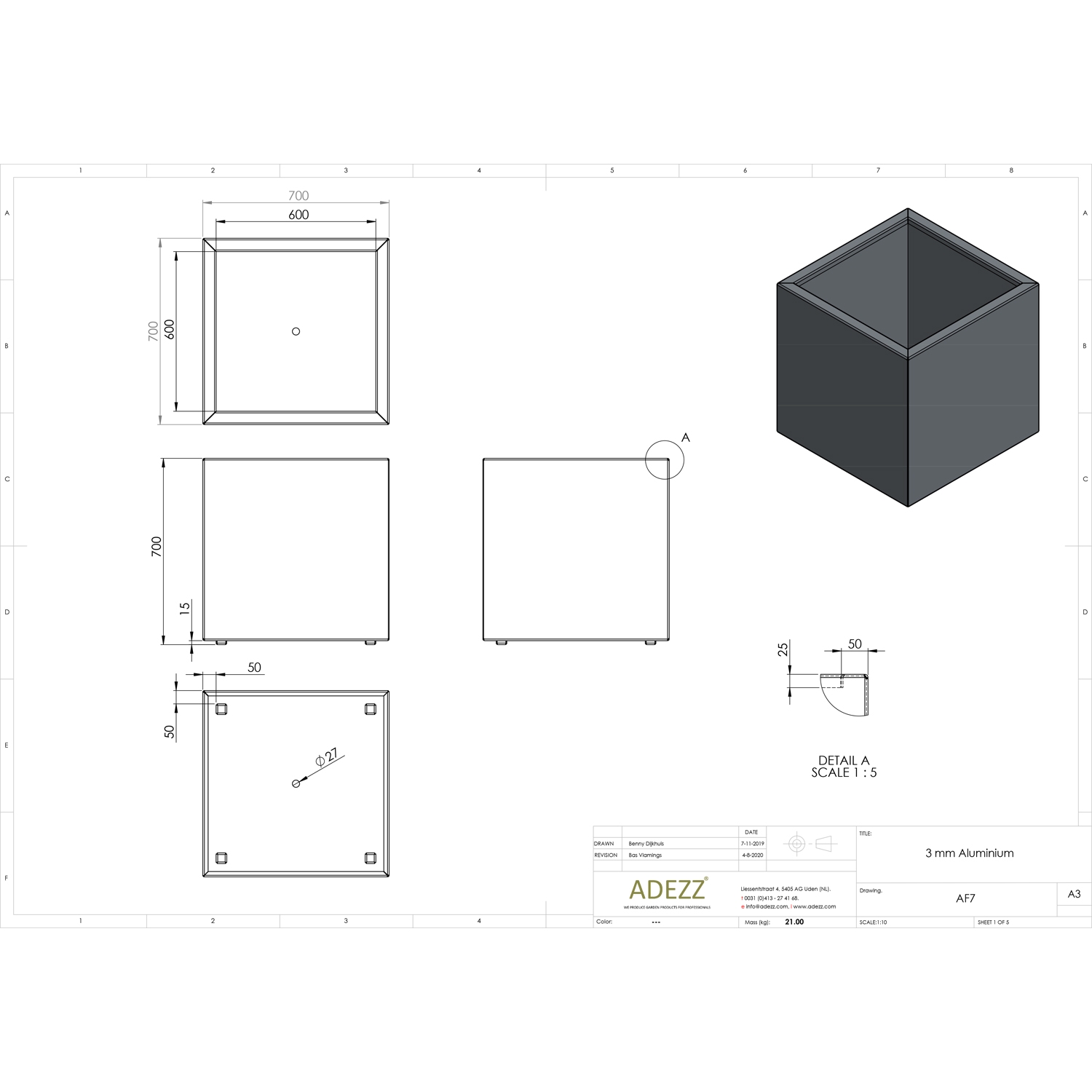 ADEZZ Aluminium CARREZ Cubed Planter (6 sizes) L70cm x W70cm x H70cm