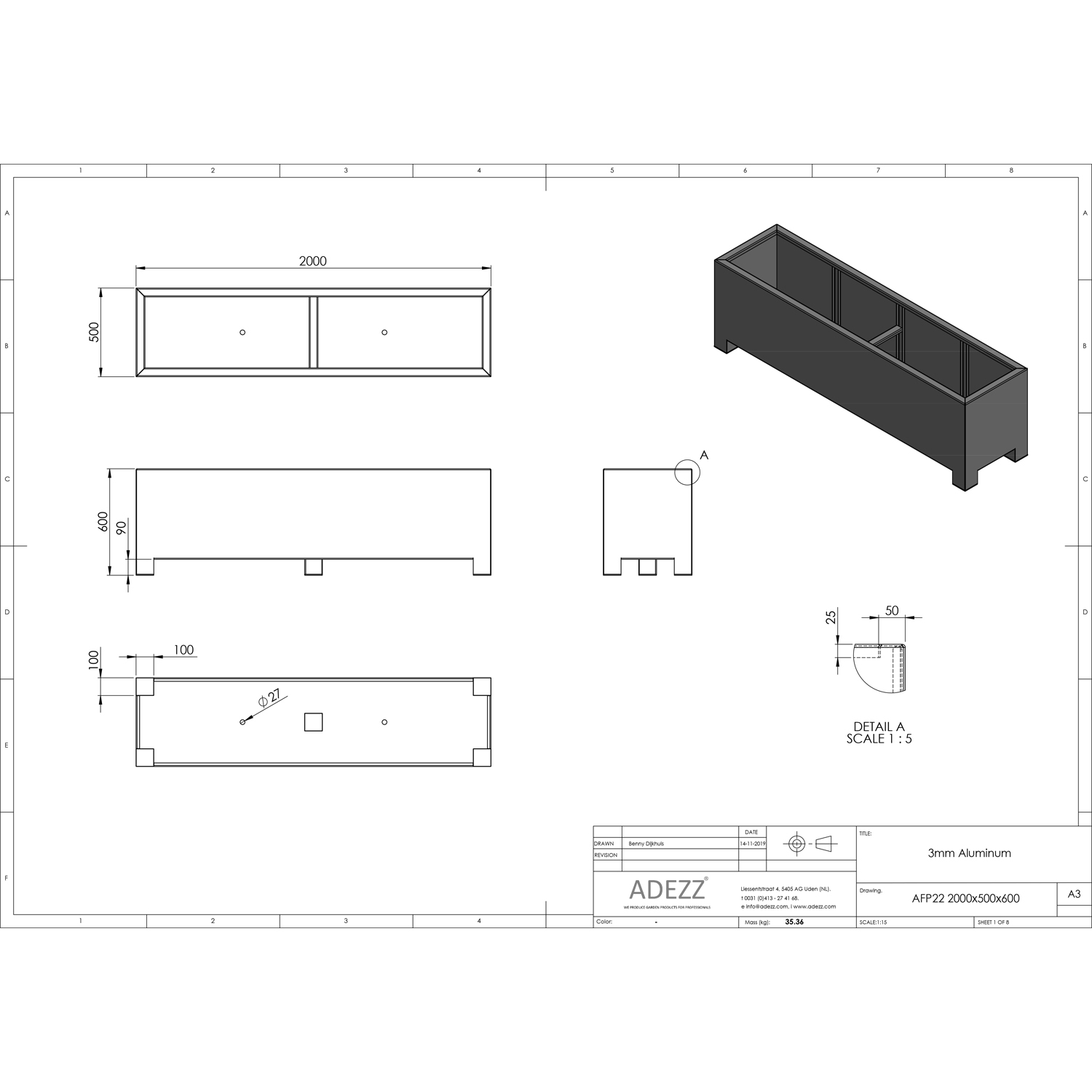 ADEZZ Aluminium CARREZ Trough with Legs (7 sizes) L200cm x W50cm x