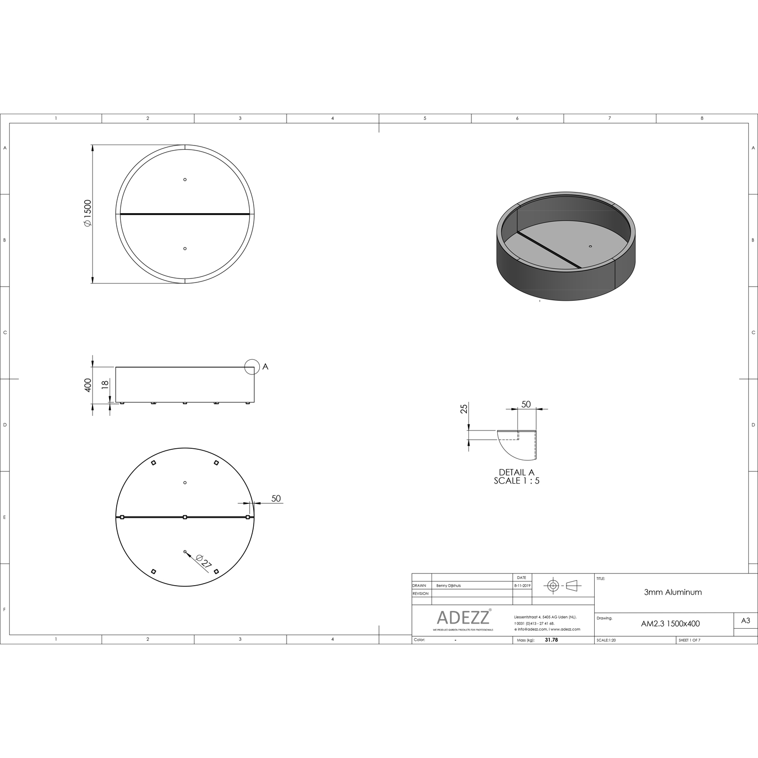 ADEZZ Aluminium CIRCUM Planter (21 sizes) D150cm x H40cm RAL 7021