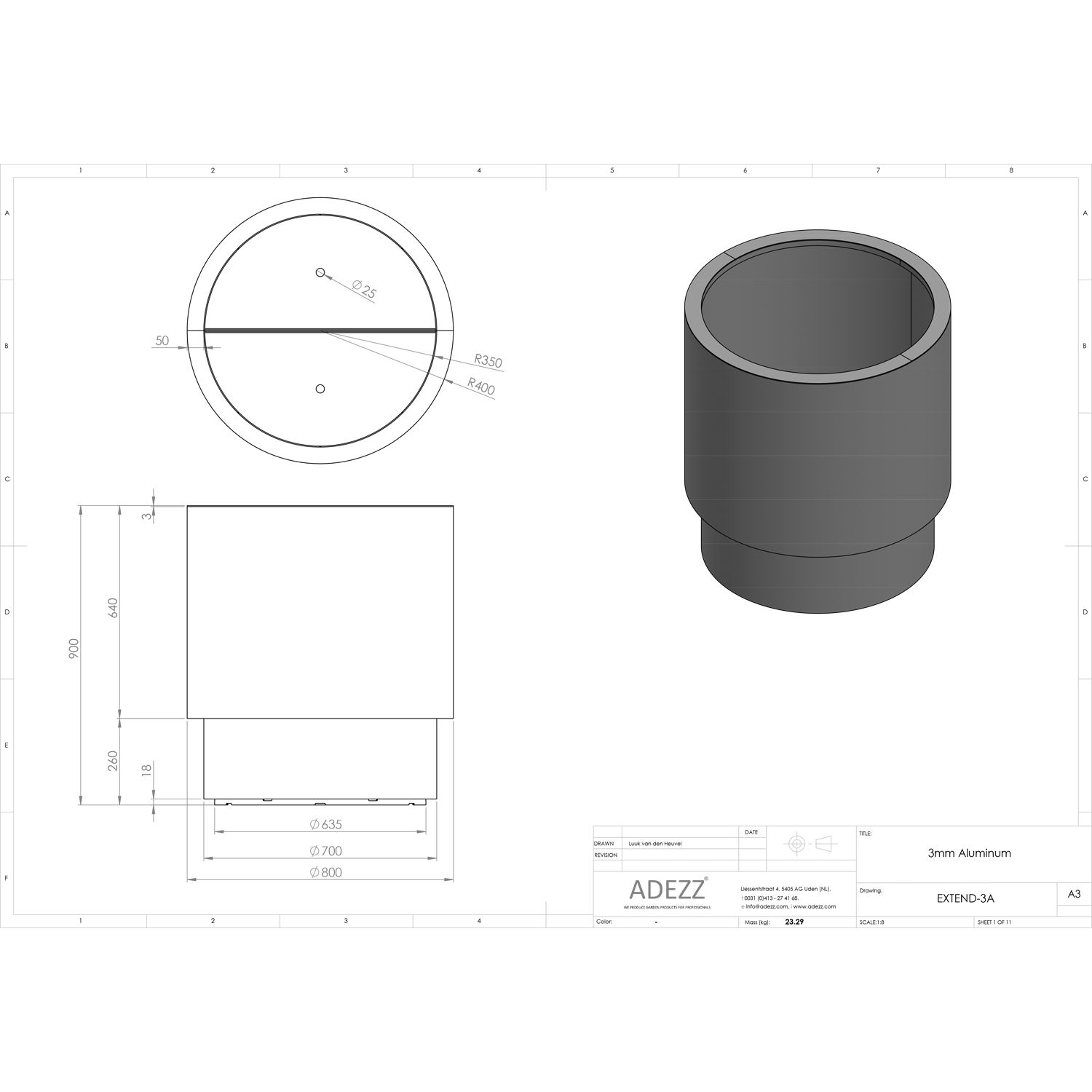 ADEZZ Aluminium EXTEND Planter (4 sizes) D80cm x H90cm RAL9005 Jet