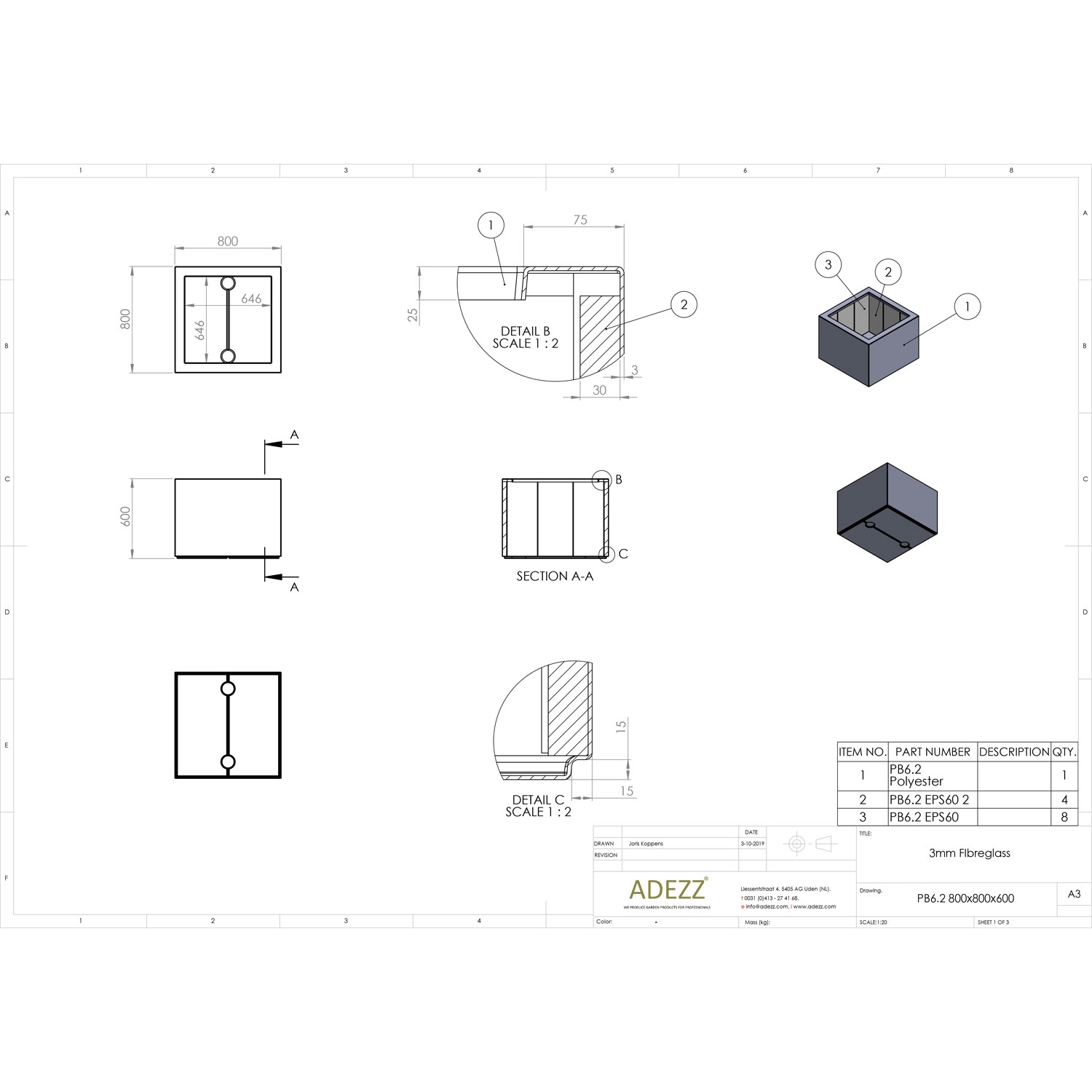 ADEZZ Fibreglass CARREZ Low Square Planter (14 sizes) L80cm x W80cm x
