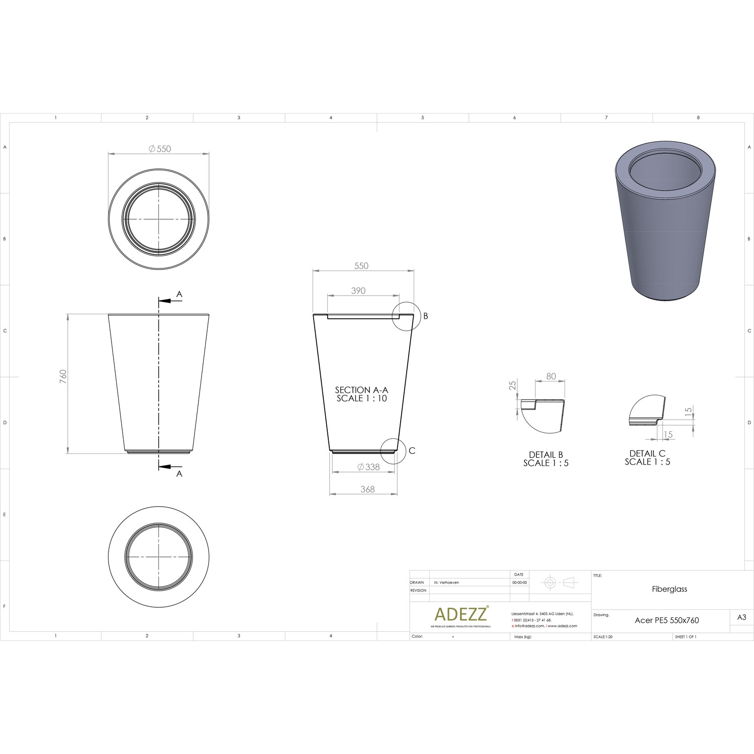 ADEZZ Fibreglass CONIC Planter (6 sizes) D55cm x H76cm RAL 9010 Pure