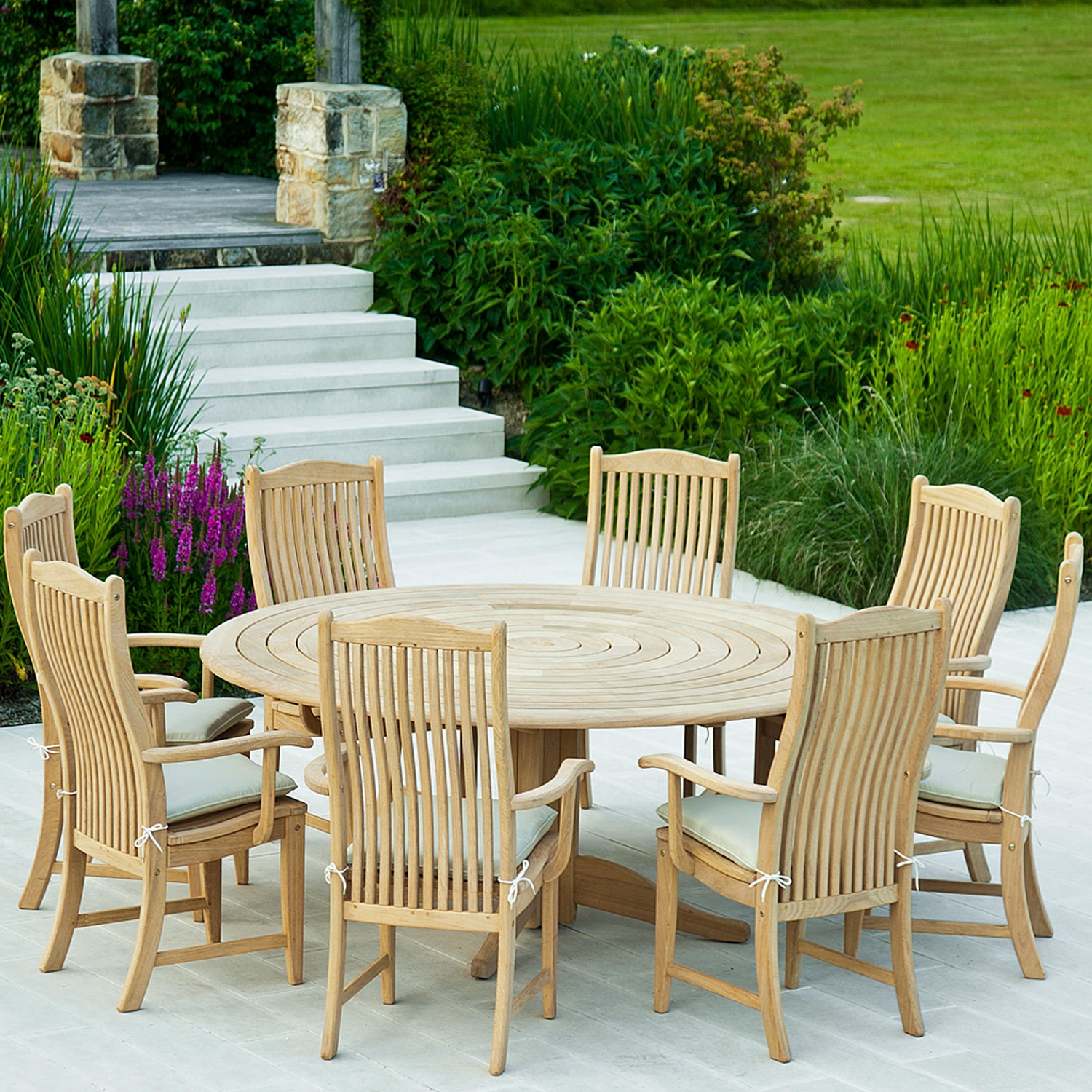 Bengal Pedestal Round Garden Table, Wooden Round Garden Table And Chairs Set
